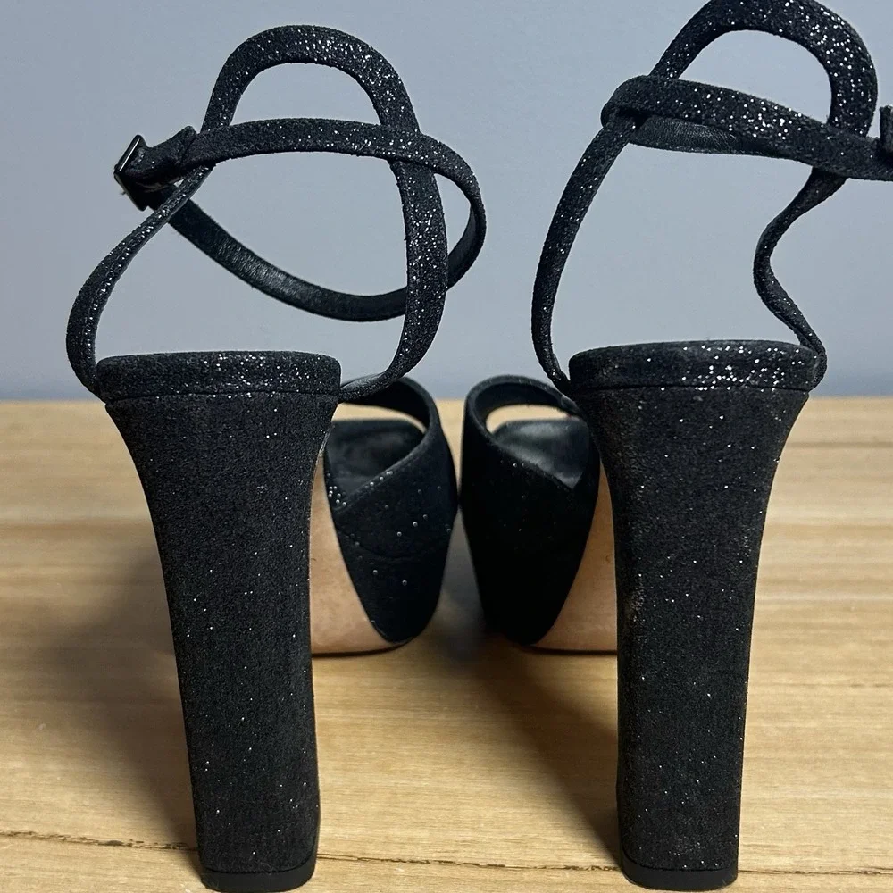 Jimmy Choo London Made in Italy Black Glitter Sacaria Block Platform Sandals